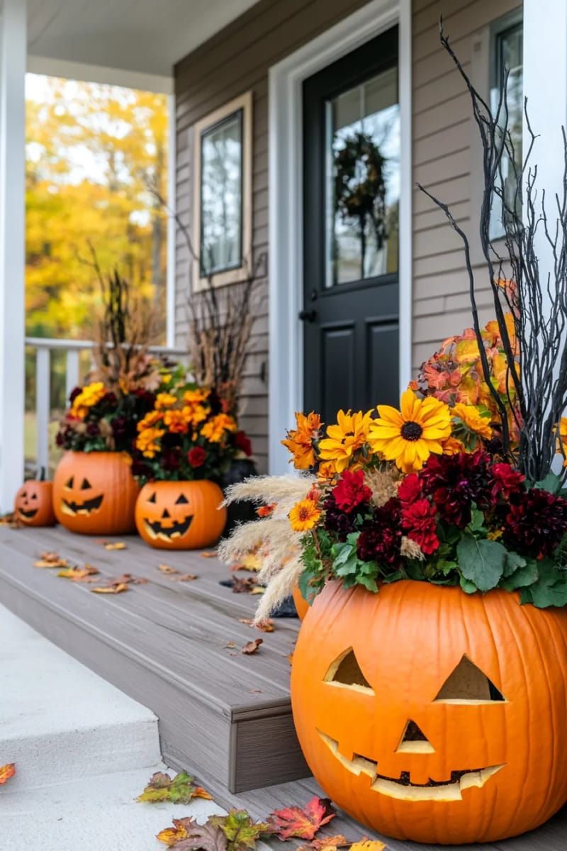 5. Pumpkin Planters Filled with Fall Flowers and Dark Branches - photo 3