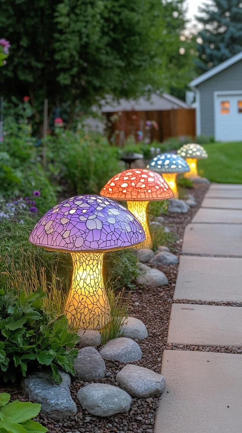3. Glowing Mushroom Sculptures Lining Garden Paths