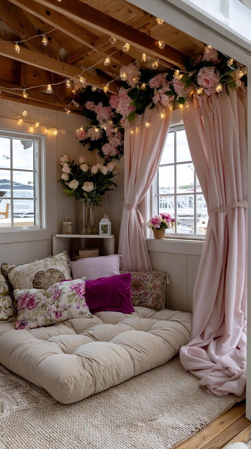 20. Floral Drapery She Shed Lit with Fairy Lights