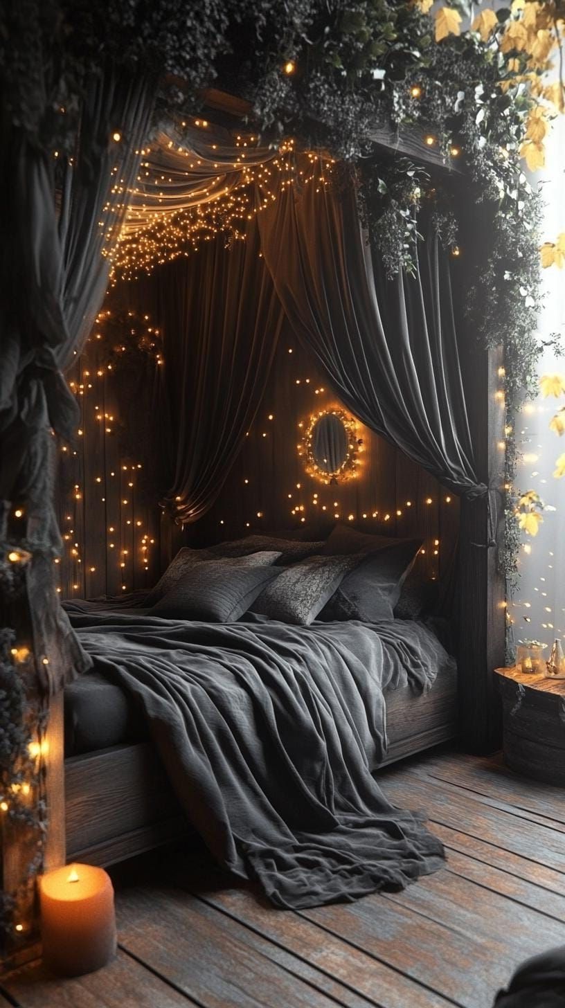 7. Canopy Bed With Drapes And String Lights - photo 2