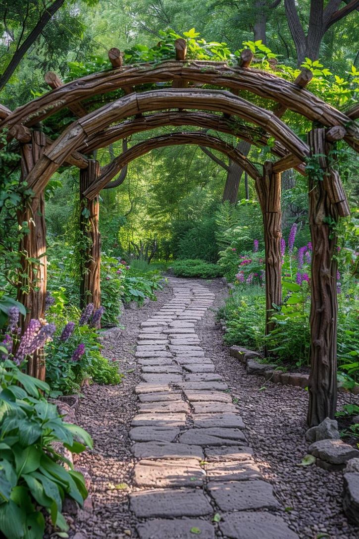 13. Wooden Arch Over a Stone Path