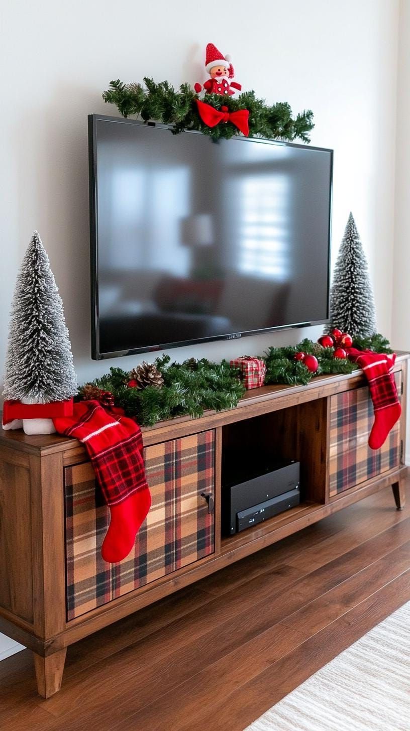 15. Classic TV stand with tartan plaid and pine garland - photo 2