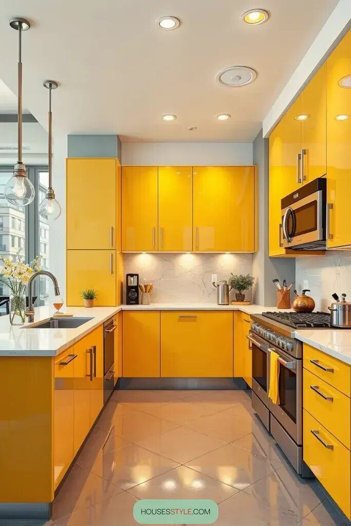 Stainless Steel Accents With Glossy Yellow Cabinets