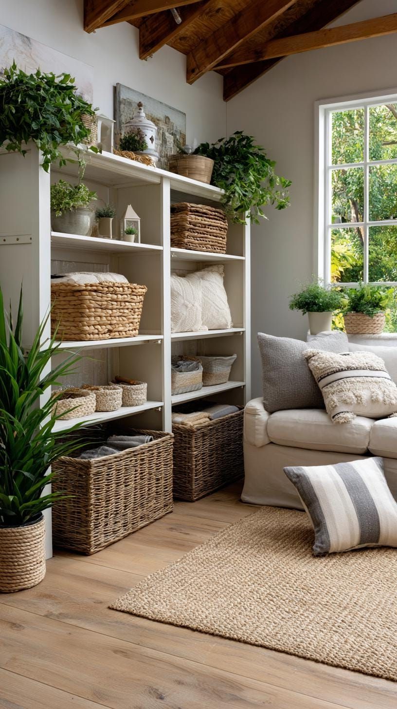 8. Neutral She Shed with Open Shelving and Jute Rug