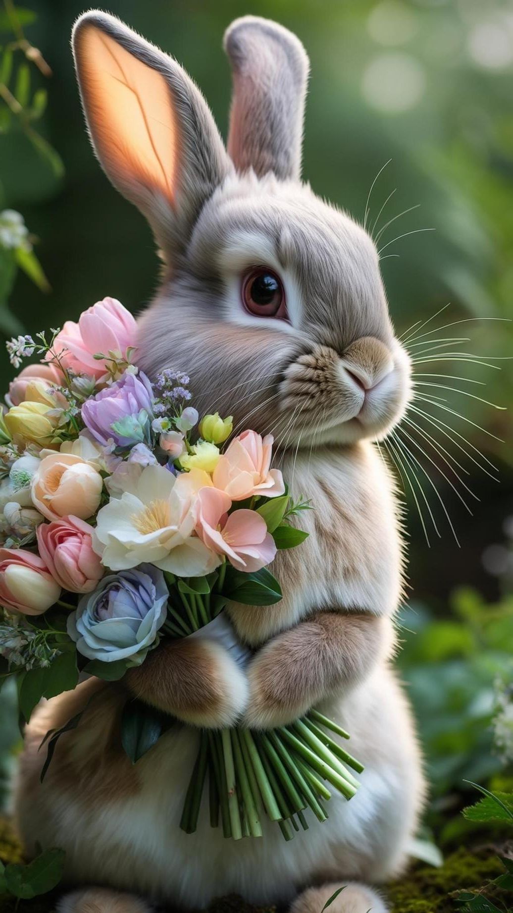 2. Bunny Holding Pastel Flower Bouquet