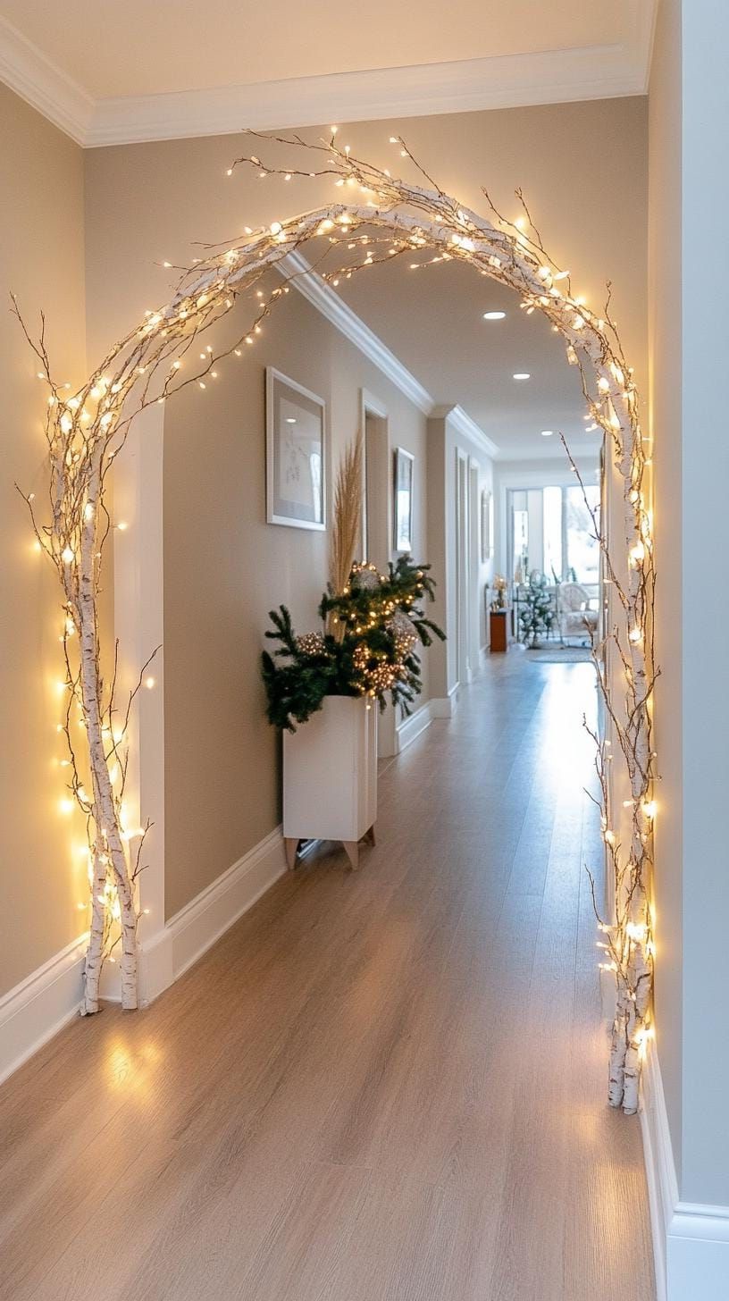 12. White branch archway lit with tiny twinkling lights