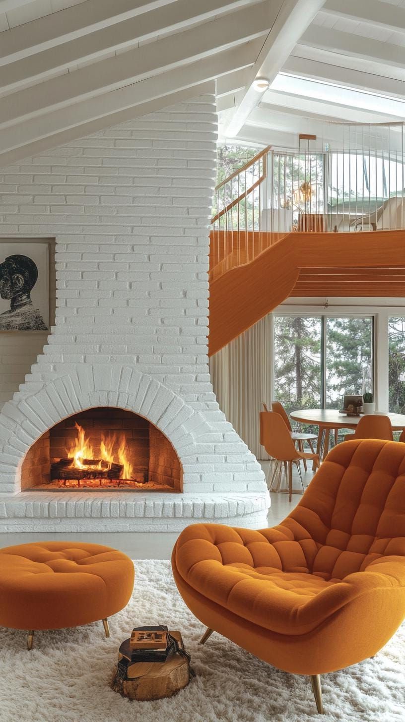 9. Arched white brick fireplace with mid-century furniture - photo 2