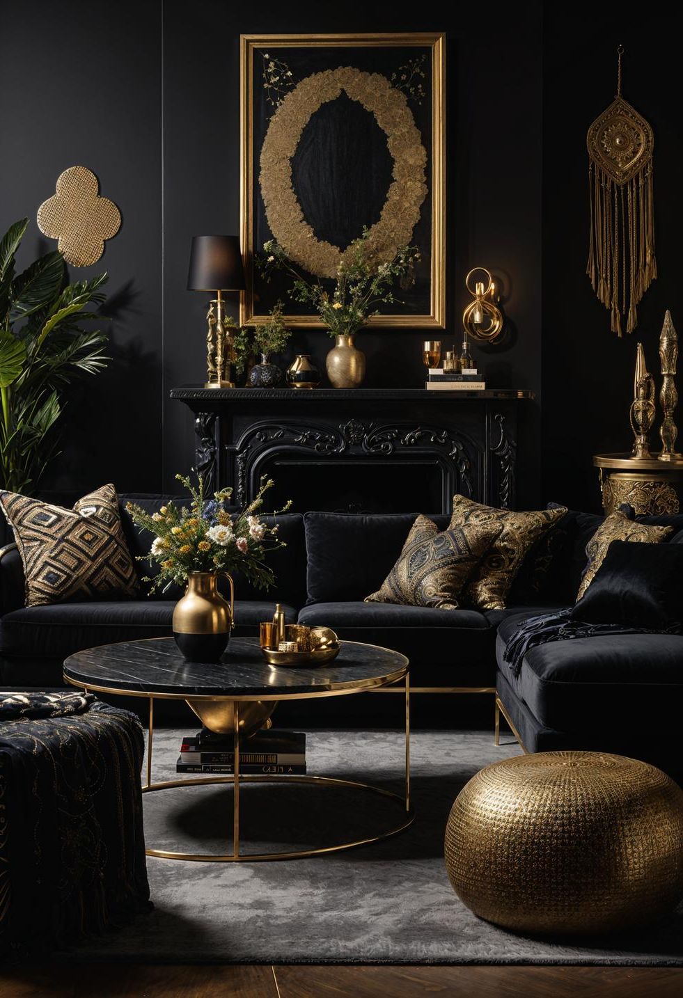 23. Noir Chic Boho Living Room