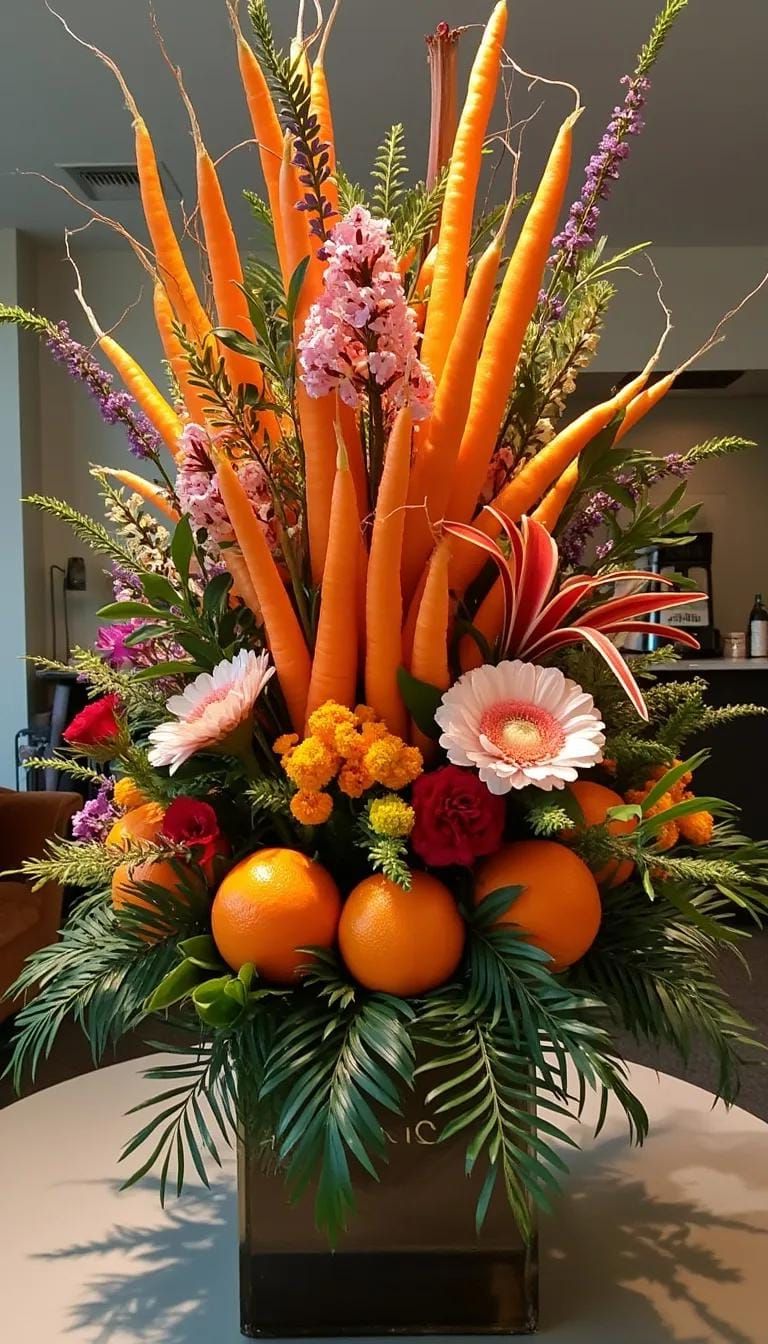 6. Floral Display With Carrots And Oranges