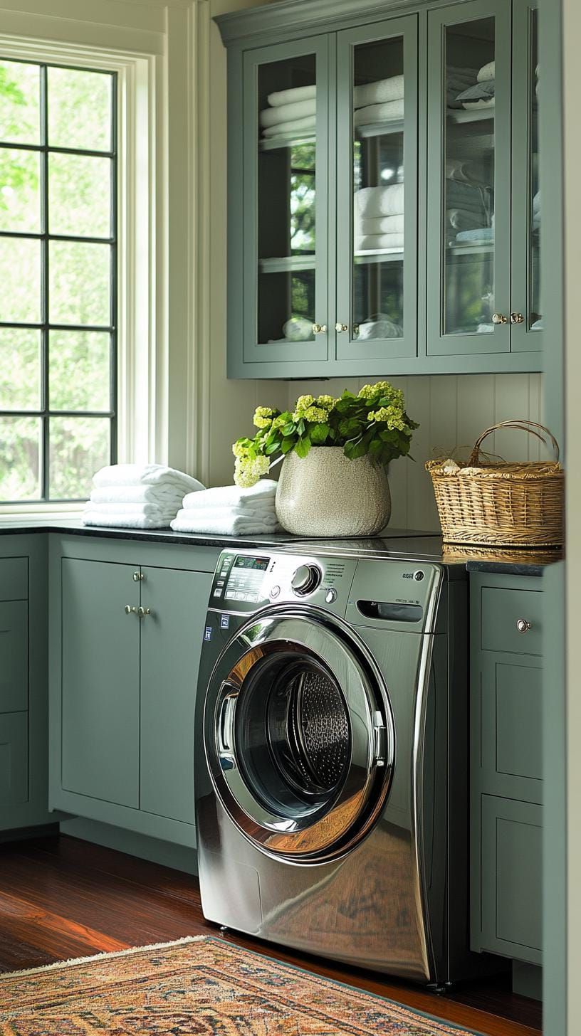 13. Glass-front cabinets above chrome front-loading washers