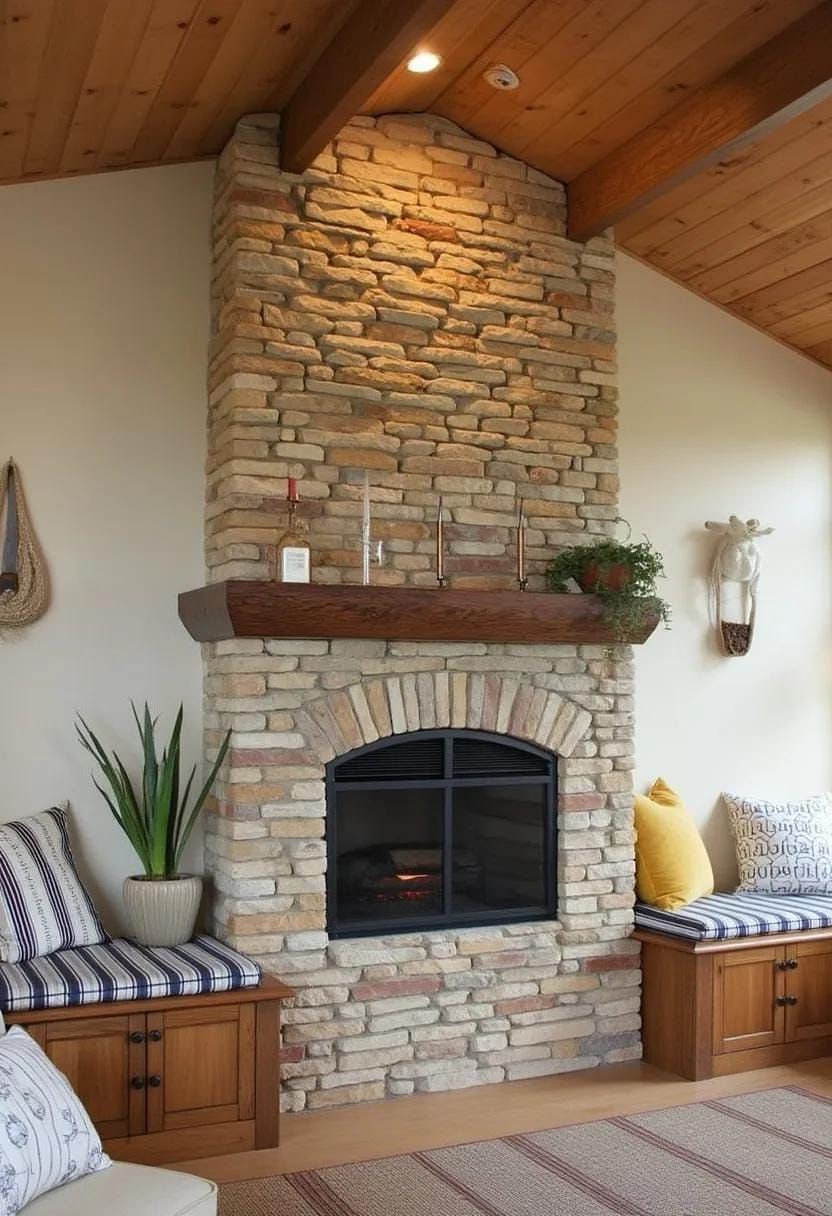 16. Rustic stone fireplace with built-in wood storage bench
