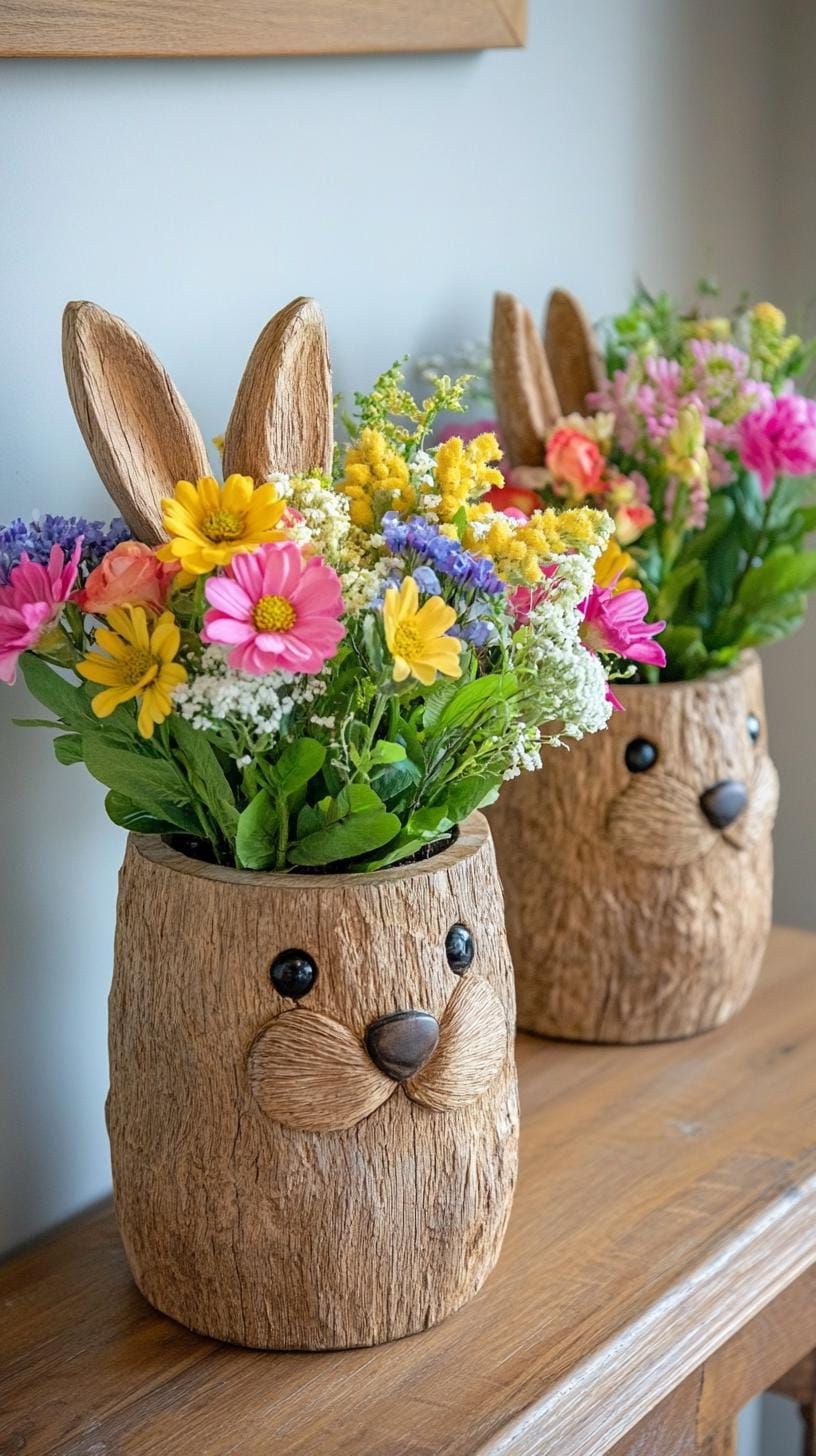 7. Rustic Wooden Bunny Planters With Flowers - photo 2