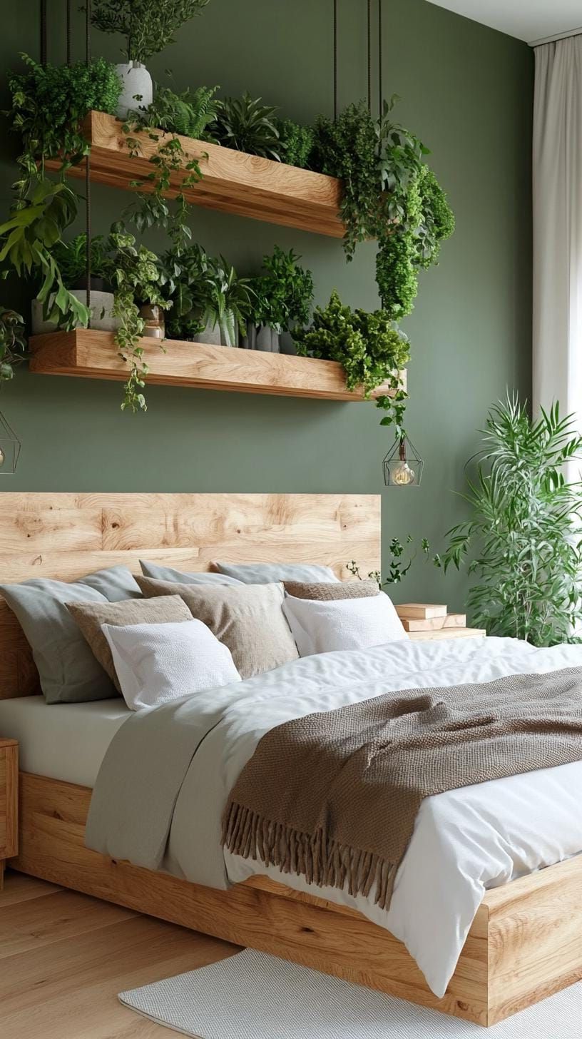18. Botanical Olive Green Bedroom with Plant Shelves - photo 2