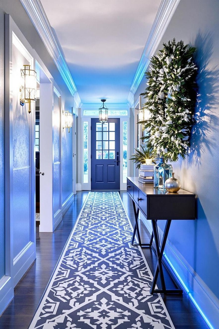 3. Icy blue lighting paired with a geometric runner