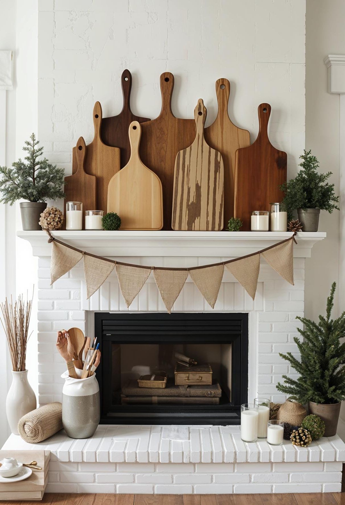 6. Farmhouse mantels with wooden cutting boards