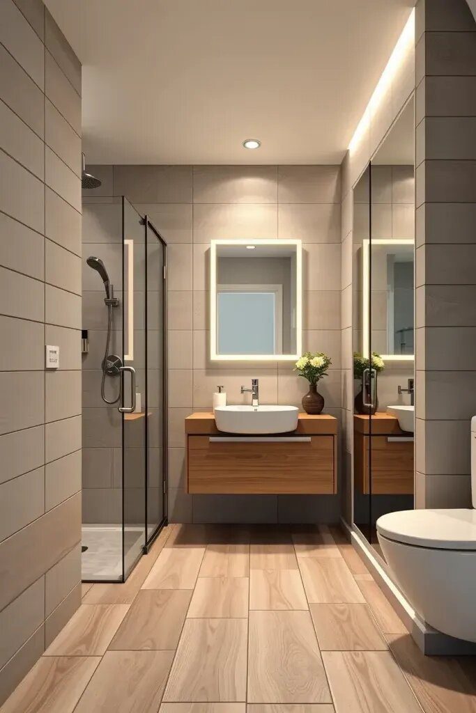 Softening Small Bathrooms with Neutral Wood Tile