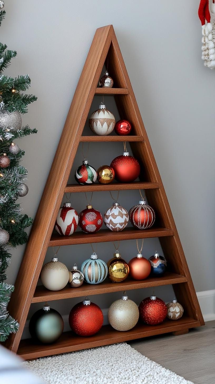 4. Triangular wooden shelf for colorful ornaments