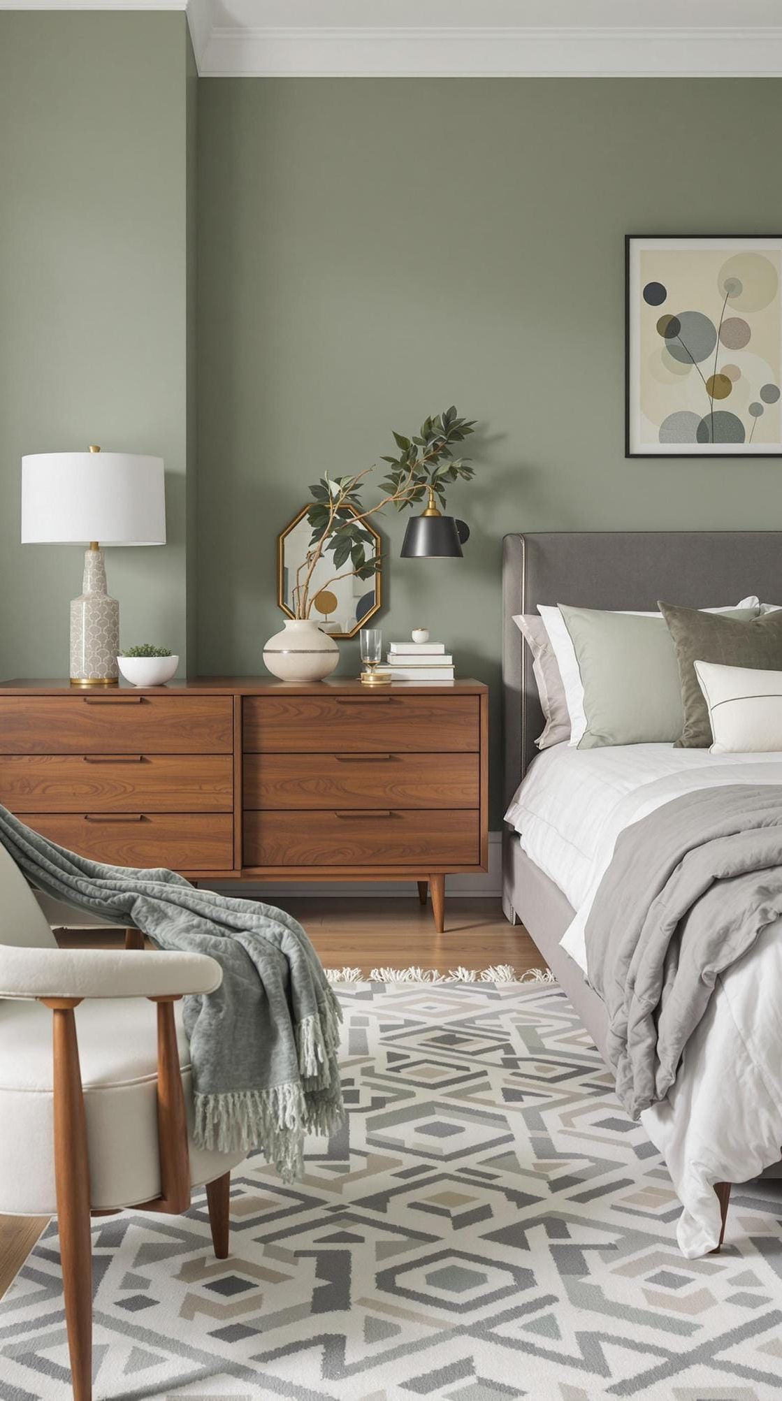 4. Mid-Century Modern Bedroom with Sage Green Textiles and Walnut Furniture