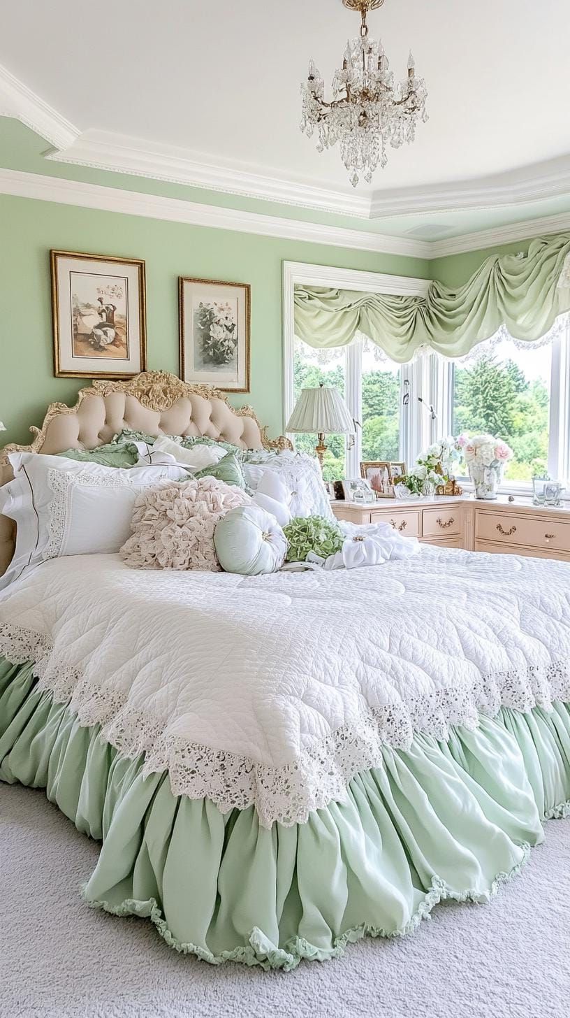 21. Romantic Boudoir with Ruffled Sage Green Bedlinen