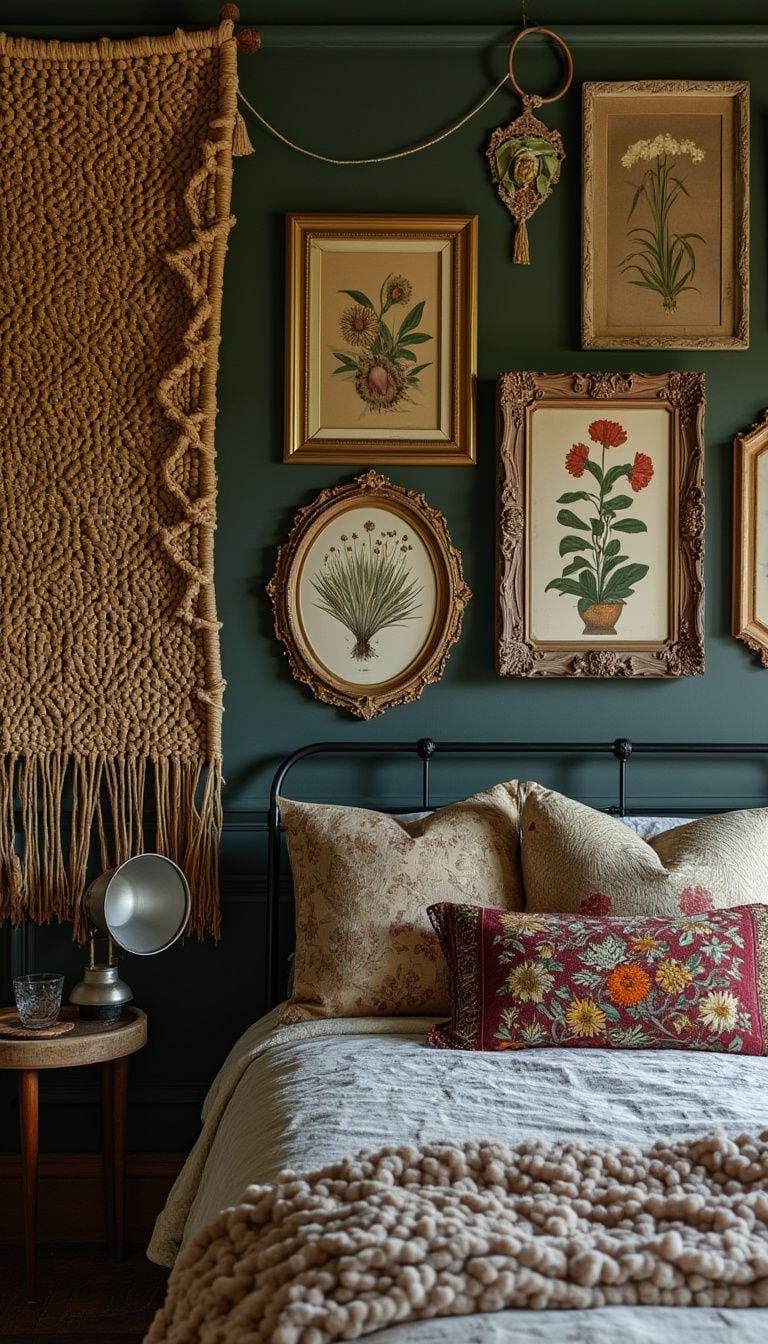 2. Victorian Botanical Prints Mixed With Rattan Wall Tapestries