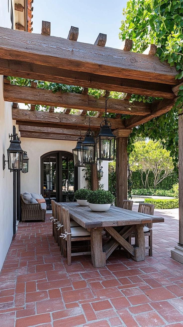 2. Brick Patio Under a Wooden Pergola