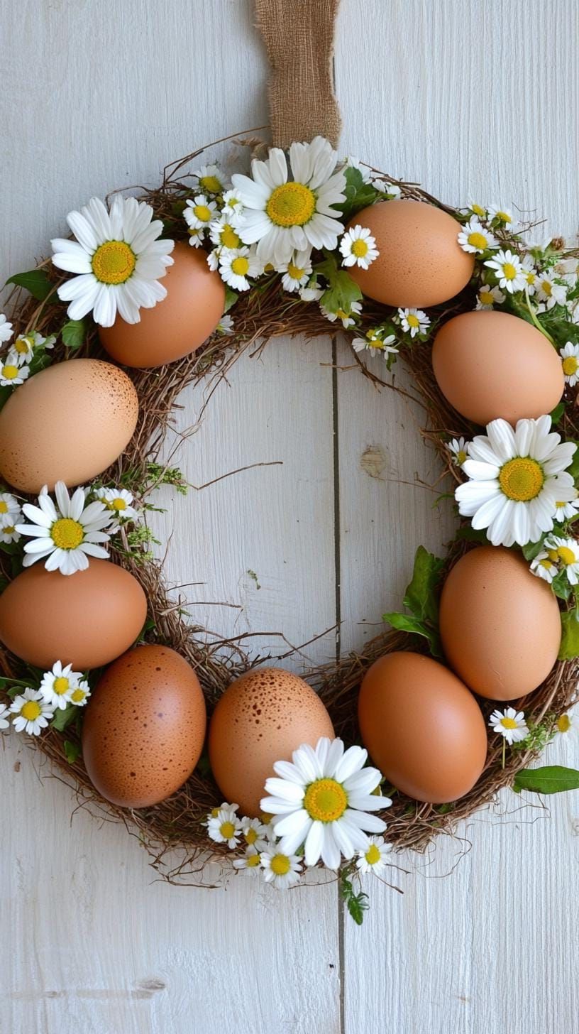 20. Earthy Daisy Wreath With Real Eggs