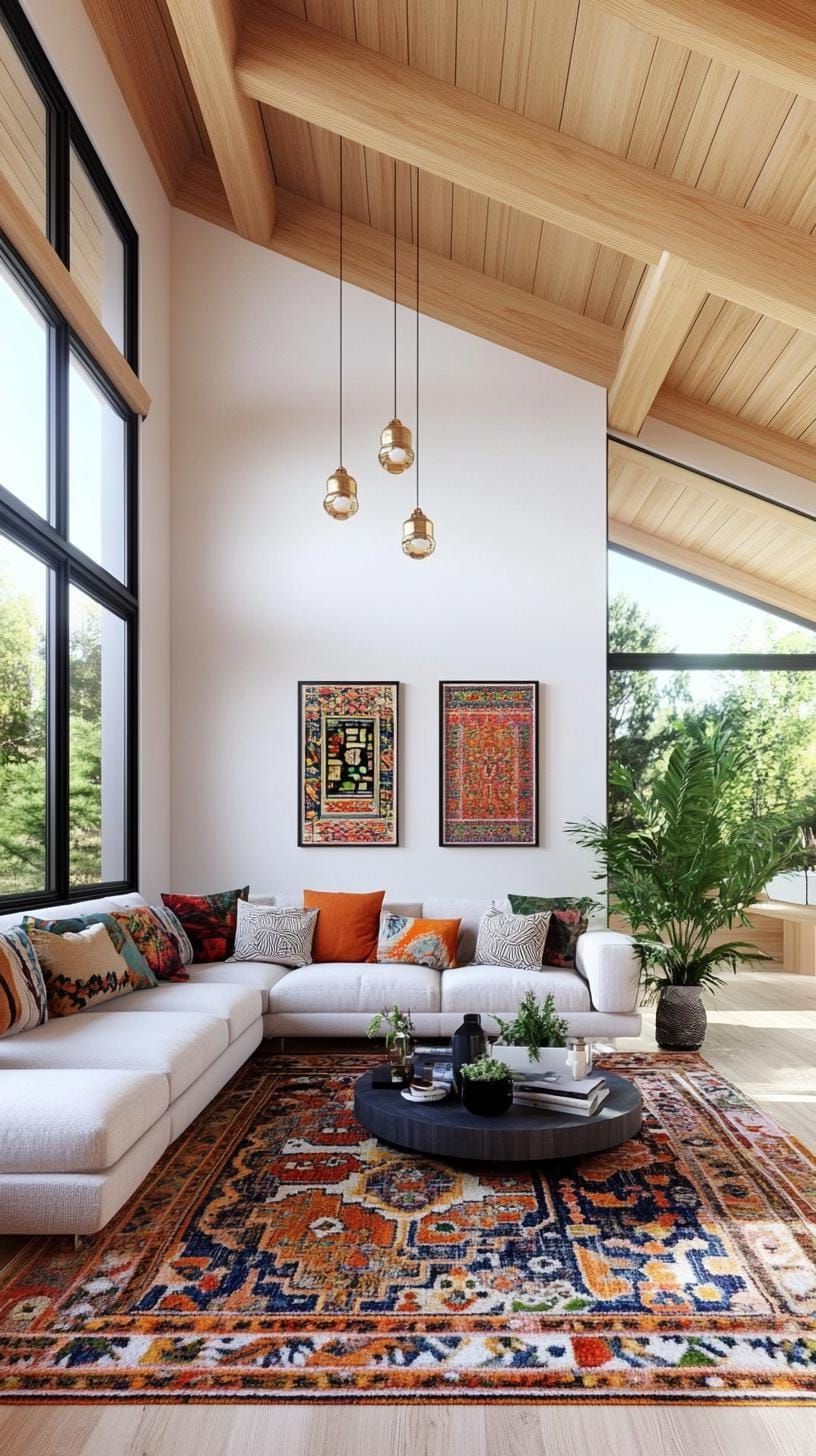 6. Wool Rugs Paired with Obi Fabric Cushions