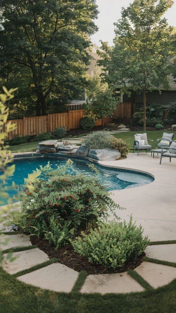 4. Curved Pool Design With Waterfall and Concrete Deck