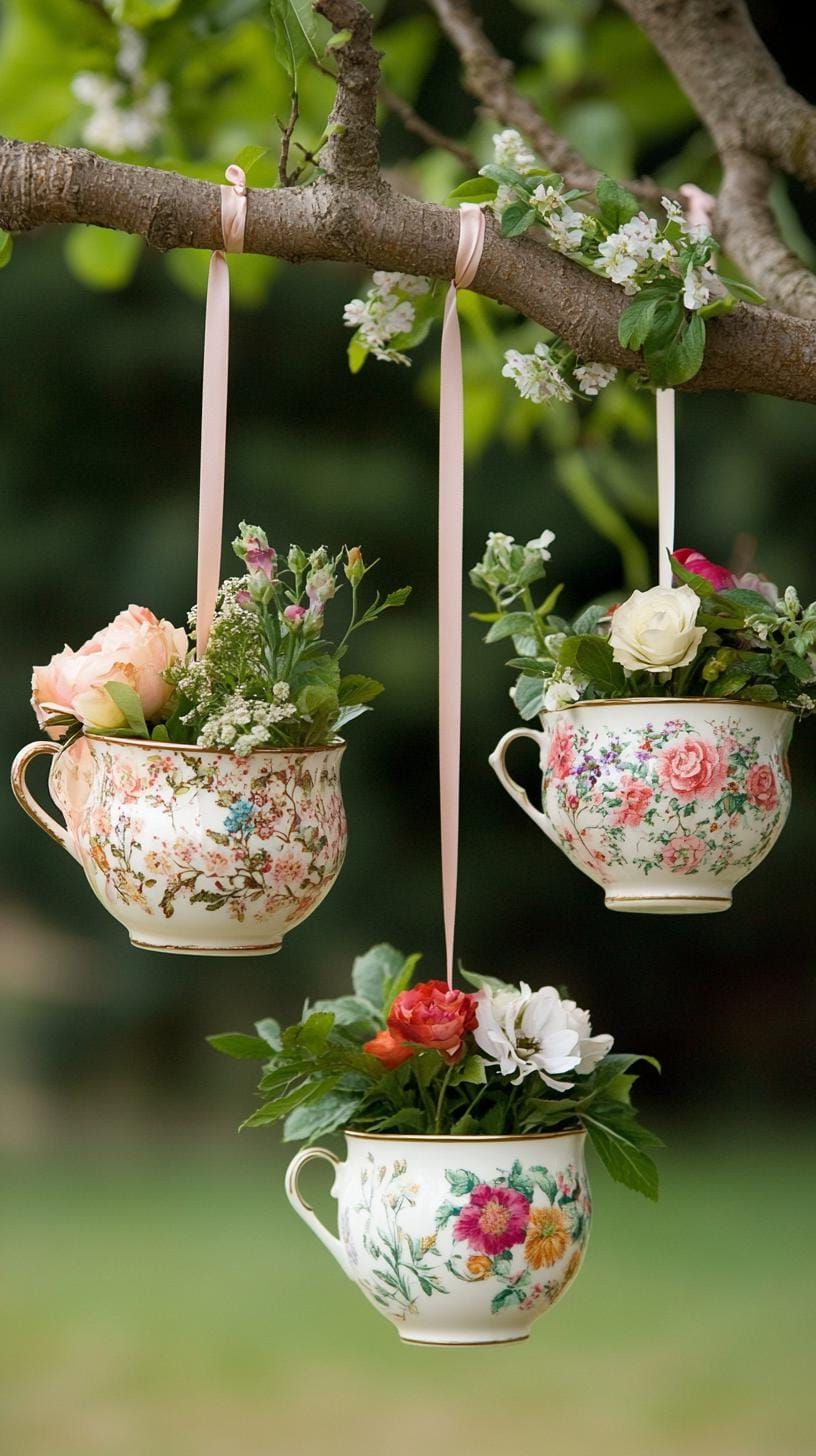 2. Hanging Teacups Used as Floral Planters