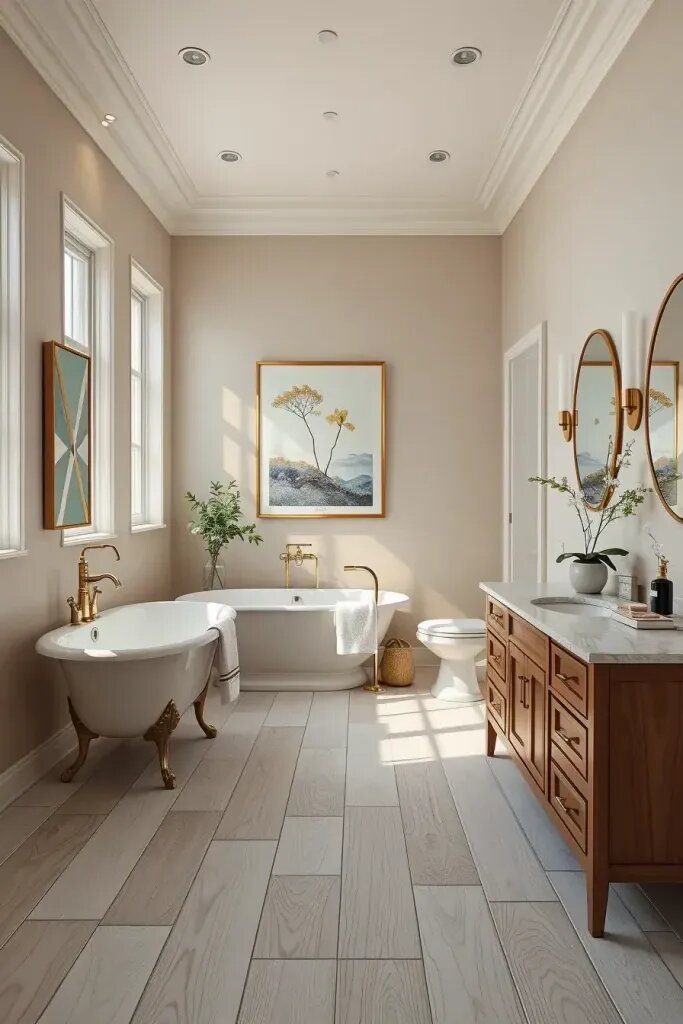 Warm Wood Tile Against Beige Walls