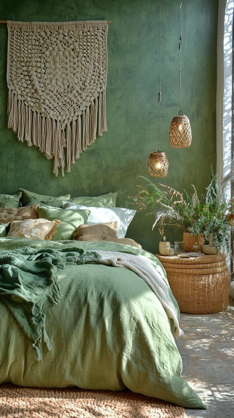 3. Bohemian Olive Green Bedroom with Macrame and Rattan - photo 2