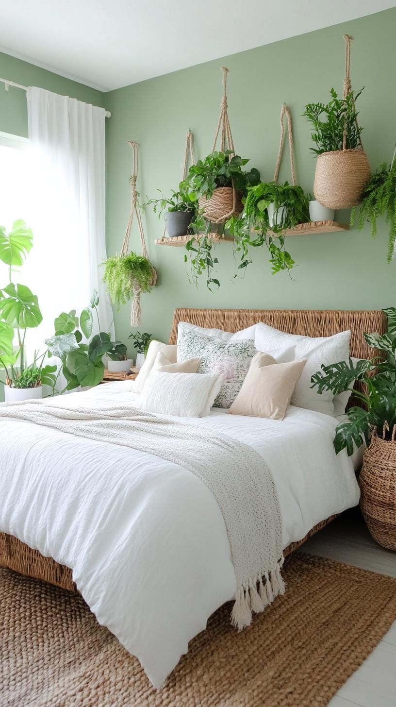 10. Urban Jungle Bedroom with Sage Green Paint and Indoor Plants - photo 3