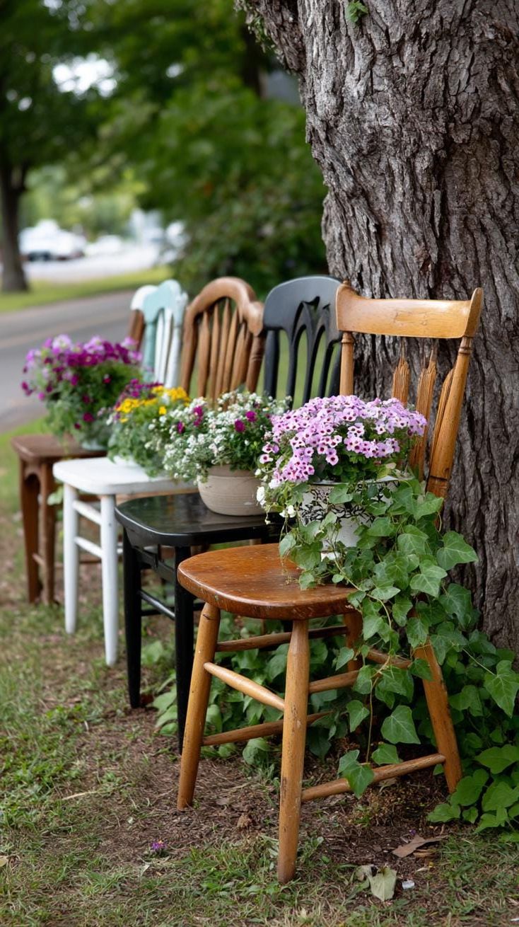 15. Mismatched Chairs Repurposed as Planters
