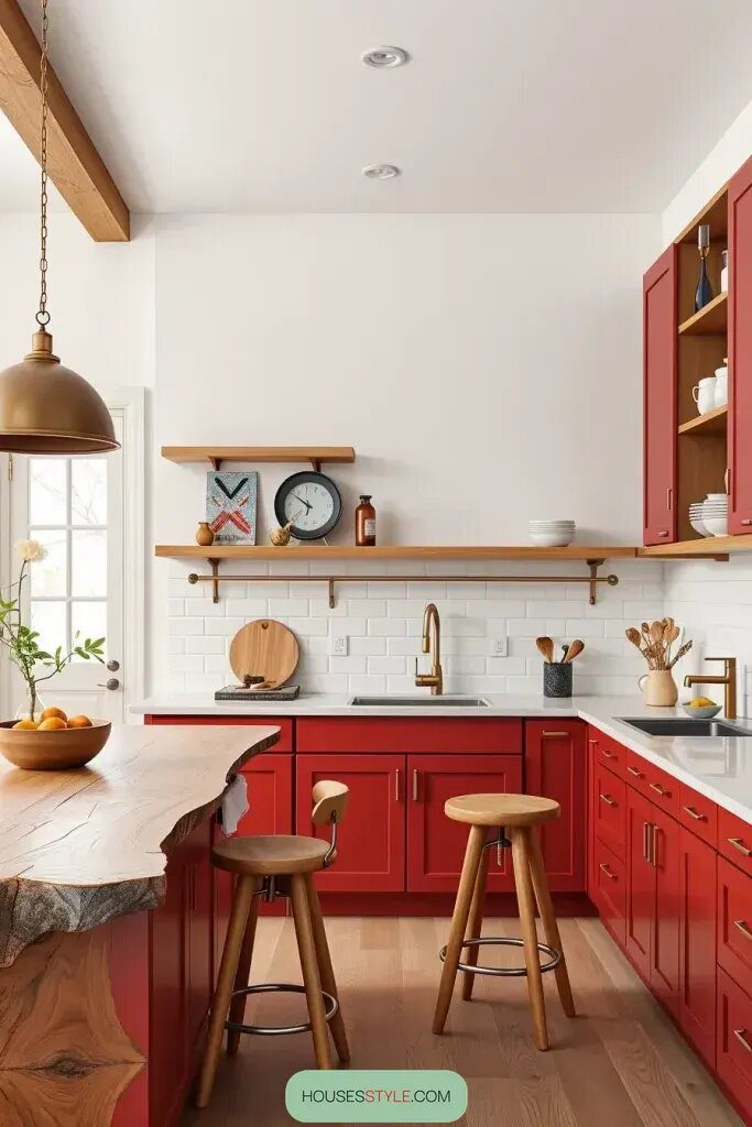 Mixing Natural Wood with Red Cabinetry