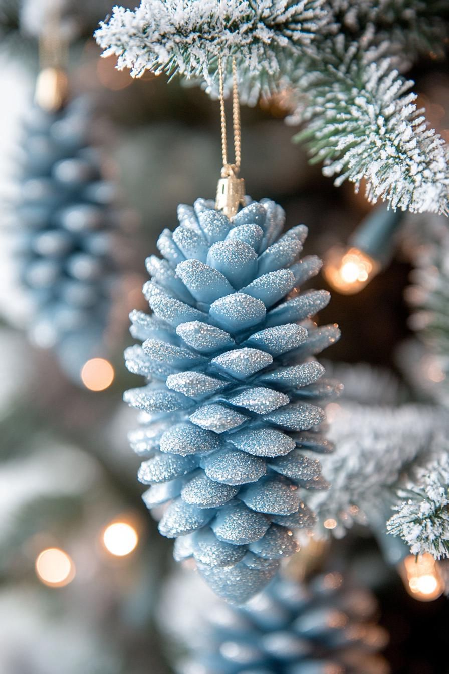 9. Frosty Blue Pinecone Ornaments