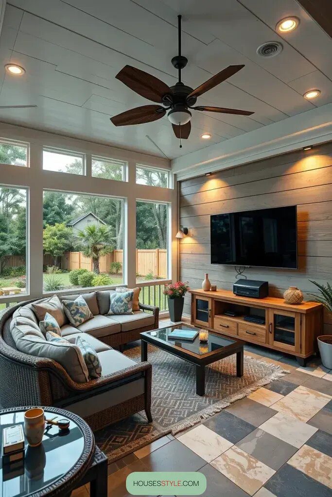 Enjoy Outdoor Living: Porch with TV and Fun Entertainment Options