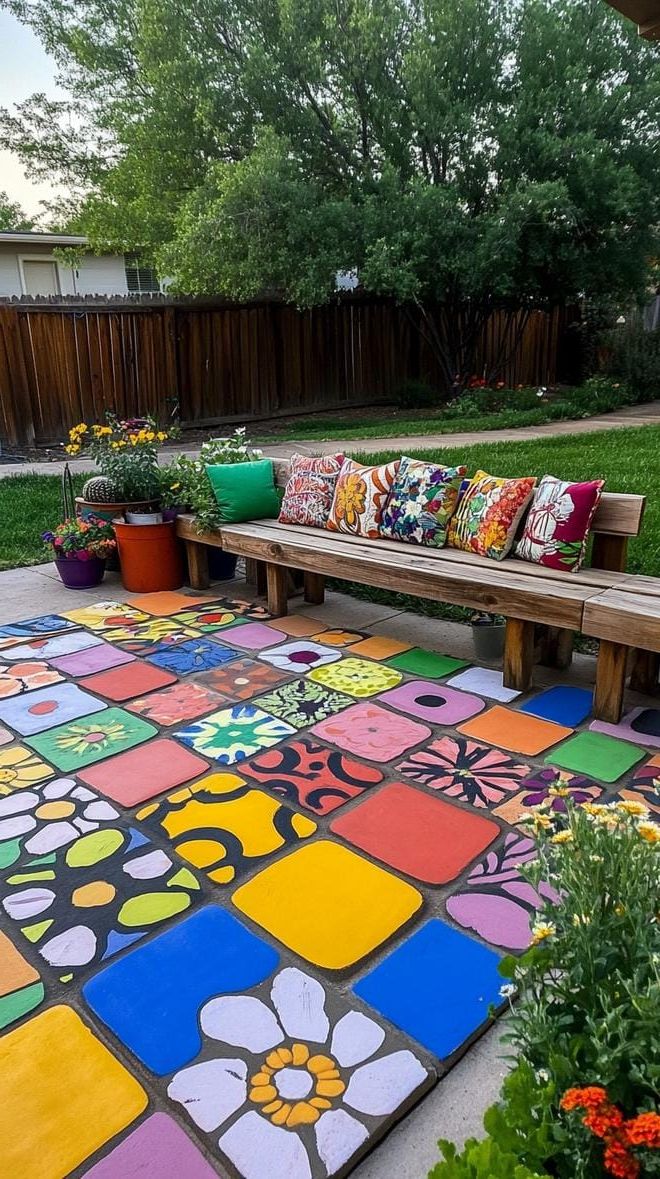 28. Budget Patio Makeover Using Painted Pavers