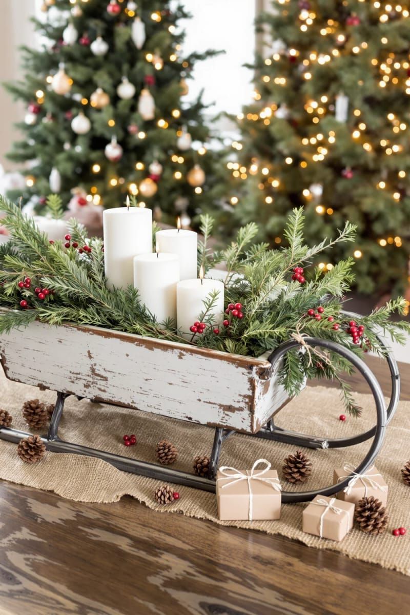 5. Vintage sleigh centerpiece with candles and greenery
