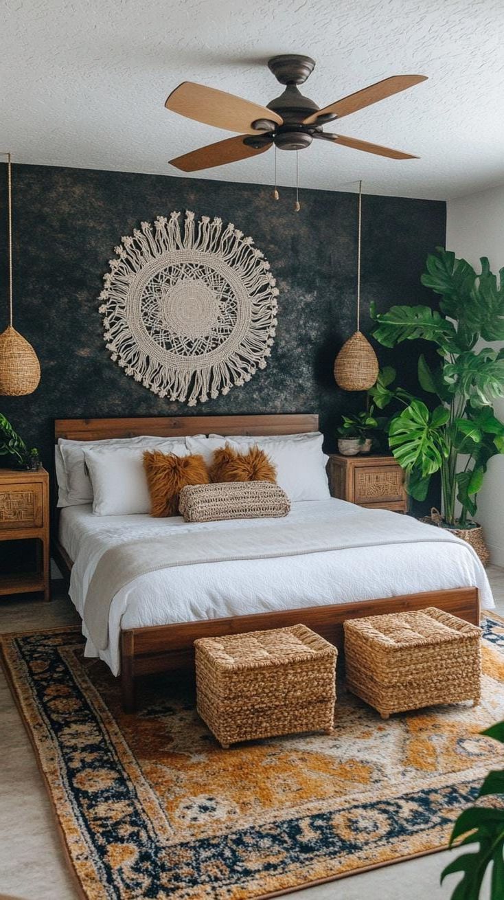 5. Black Accent Wall With Macrame And Plants