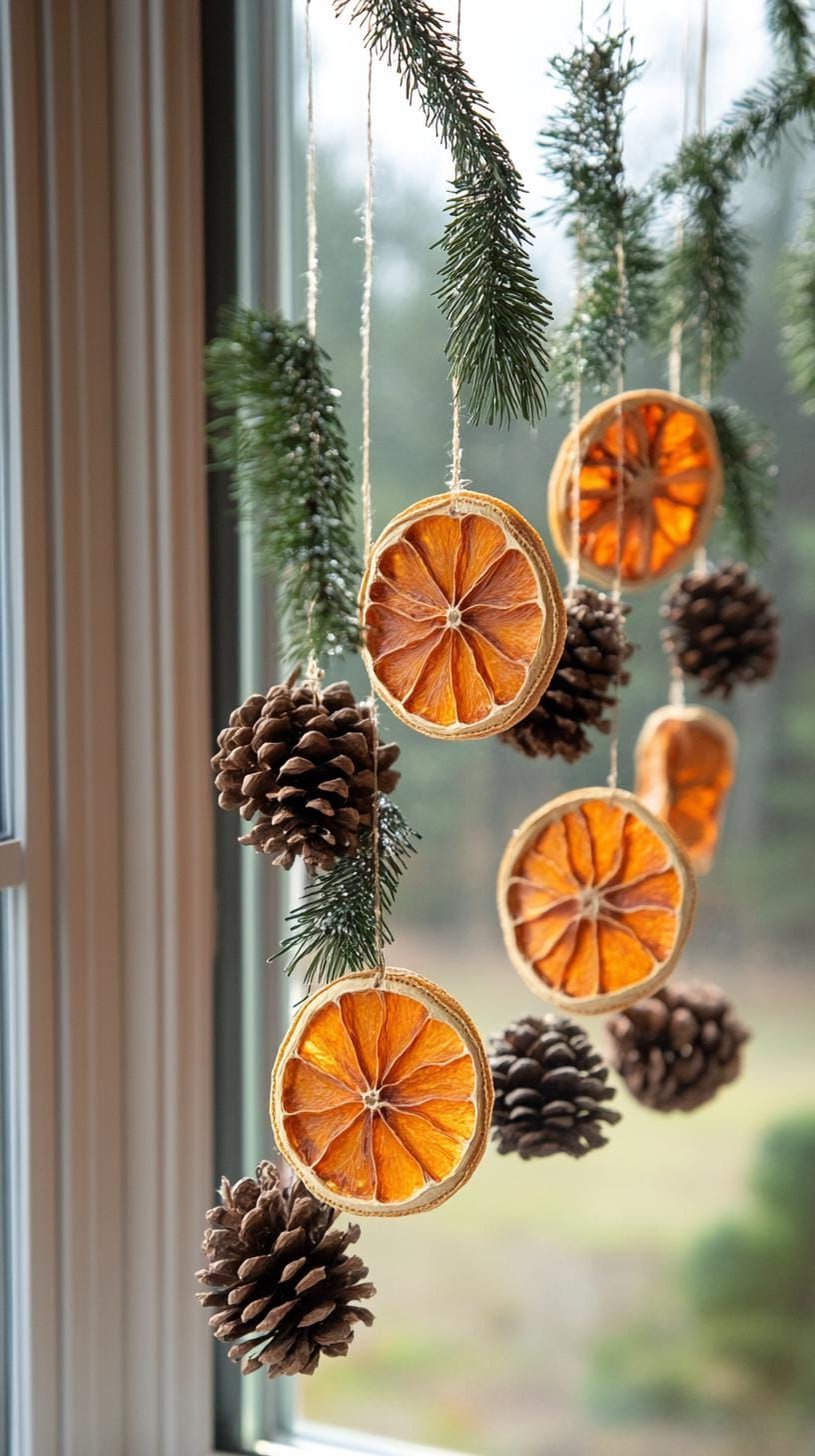 6. Dried Citrus and Pinecone Window Decor