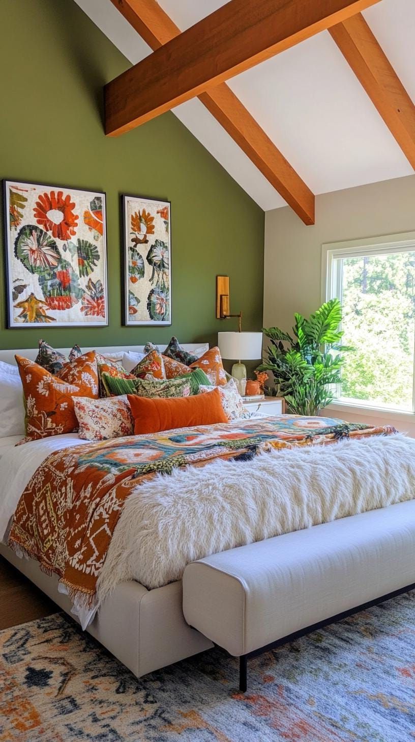 13. Eclectic Olive Green Bedroom with Mixed Textiles - photo 2