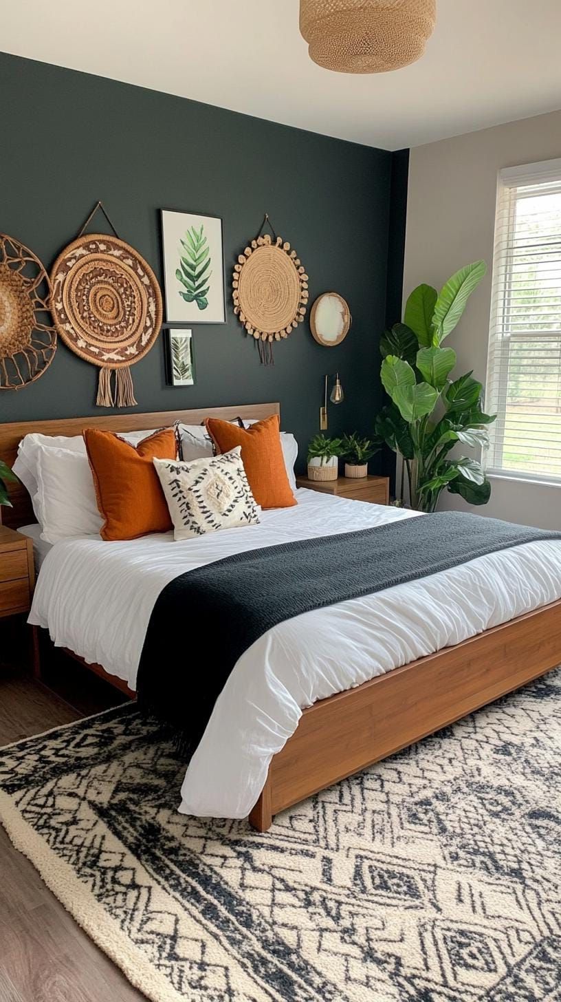 23. Deep-Toned Gallery Wall With Plants And Eclectic Accents