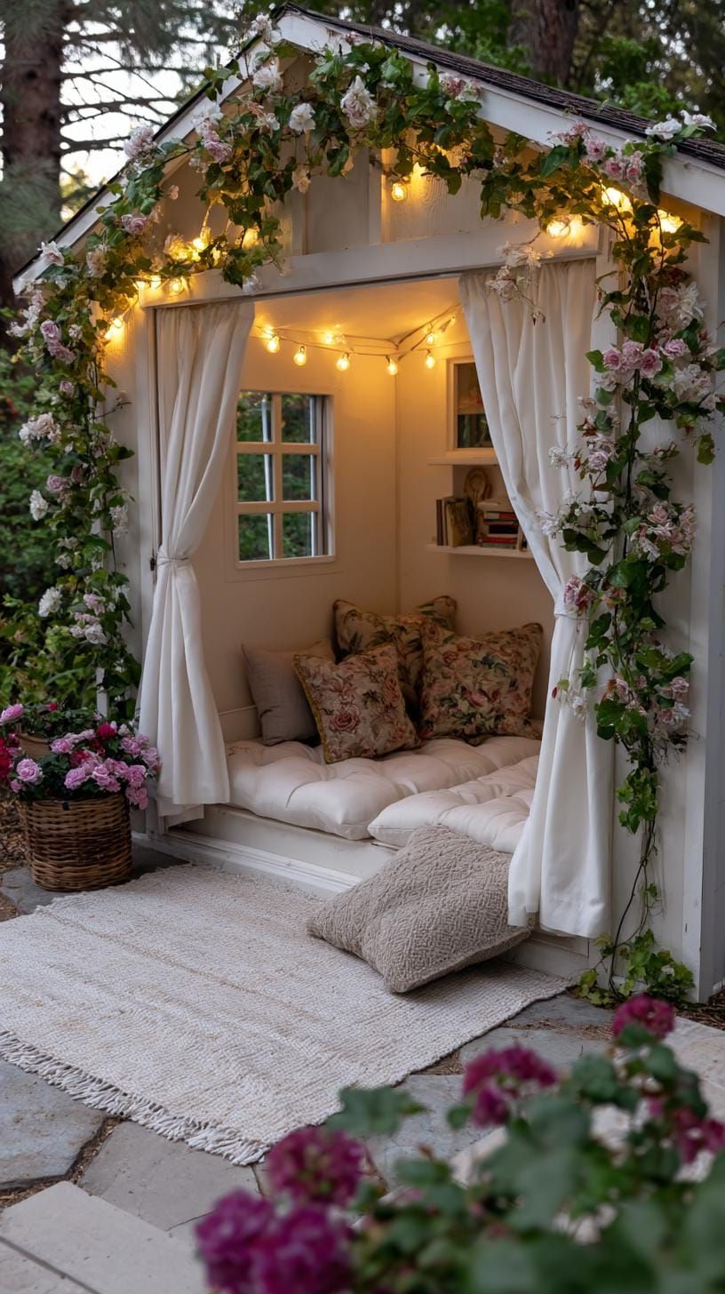 20. Floral Drapery She Shed Lit with Fairy Lights - photo 2