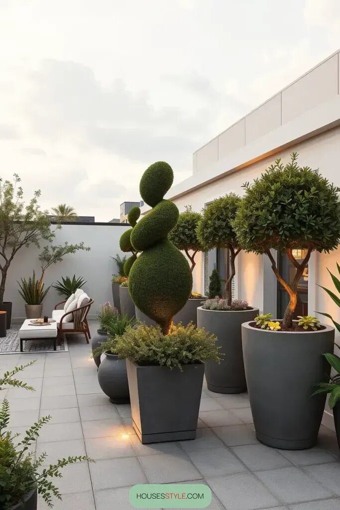 Statement Planters With Sculpted Topiary Shapes