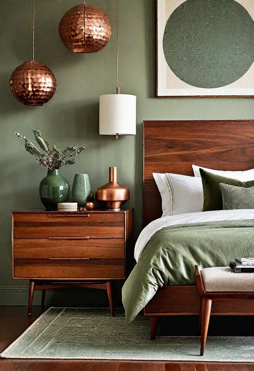 4. Mid-Century Modern Bedroom with Sage Green Textiles and Walnut Furniture - photo 2