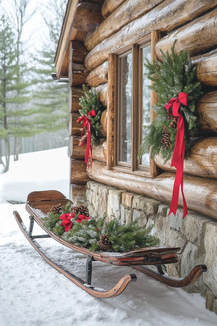 20. Vintage Sleds With Evergreen Touches
