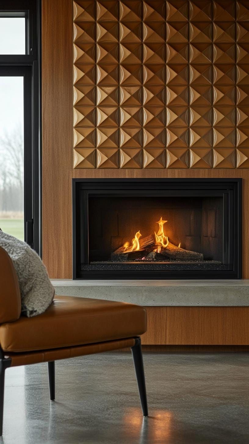6. Geometric tiled fireplace wall with built-in bench seating - photo 2