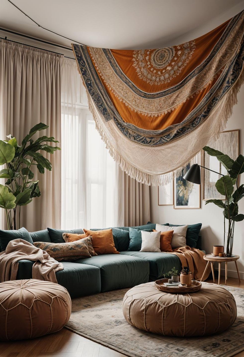 43. Boho Chic Ceiling Tapestry Idea