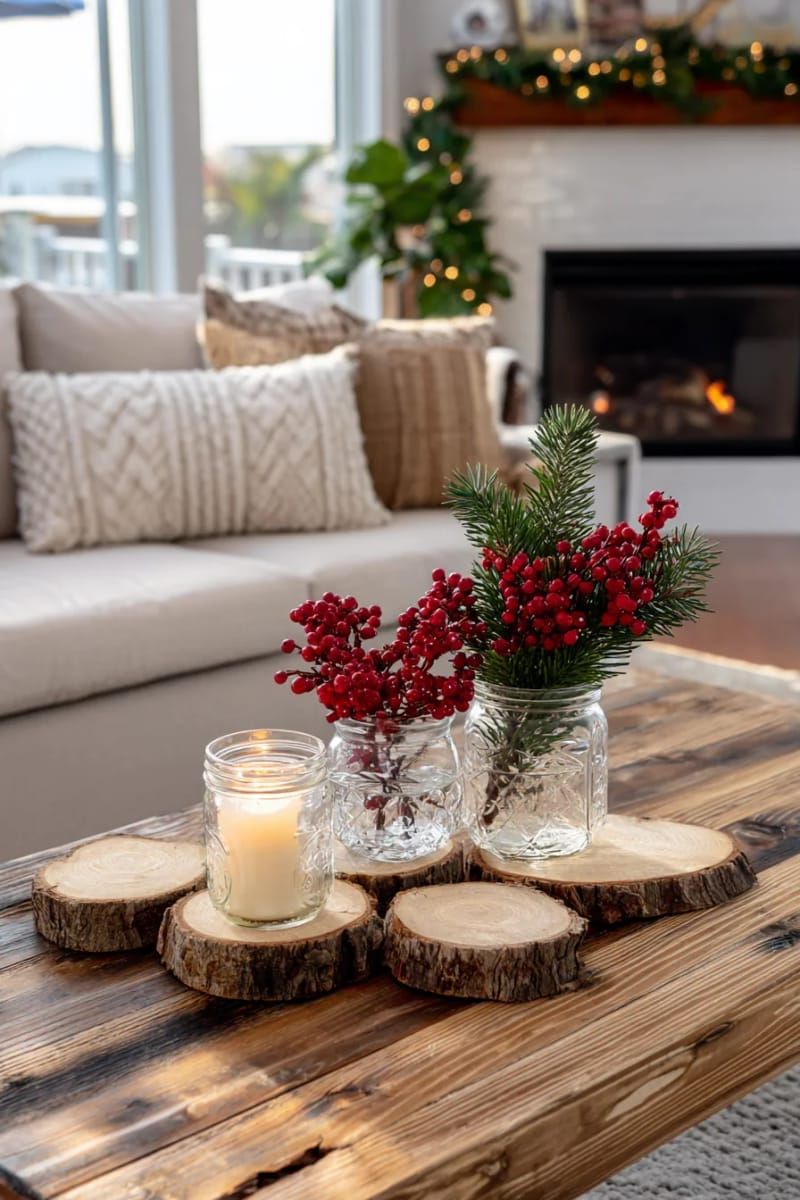 6. Mason jar vases with berries, cedar, and wood slices