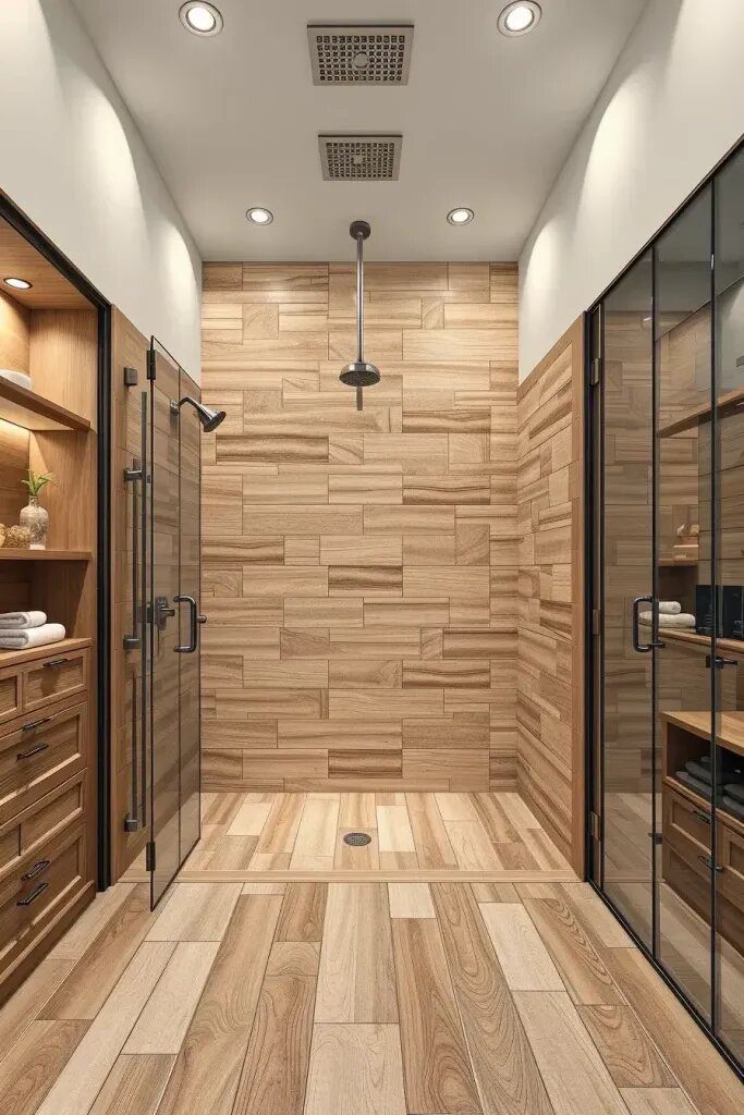 Grout-Free Walk-In Showers with Wood Tile Walls